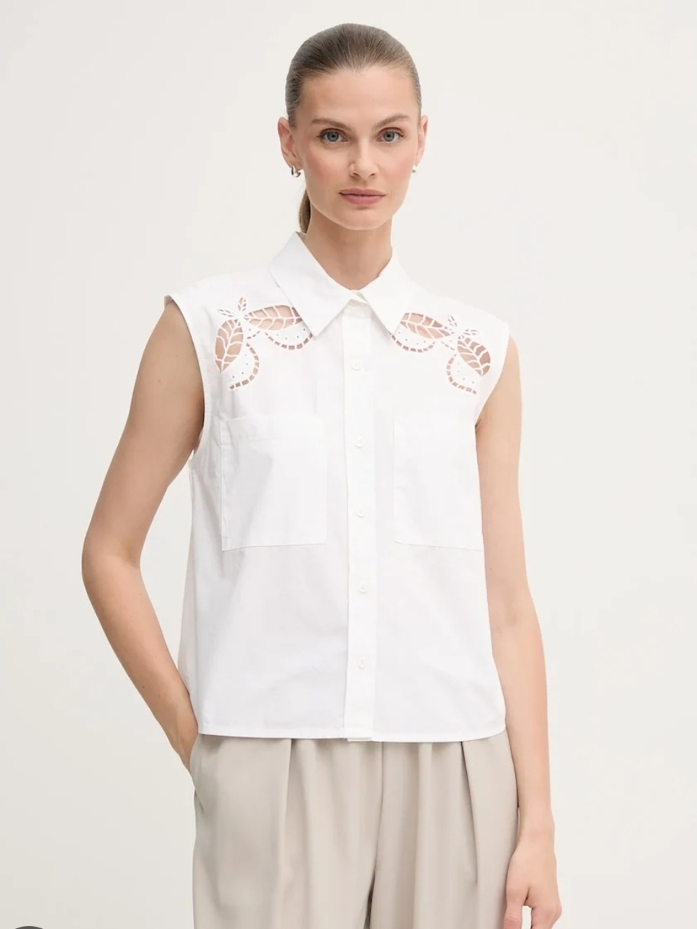 Dkny White Sleeveless Button-Down Shirt with Cutout Floral Yoke Blouse Top